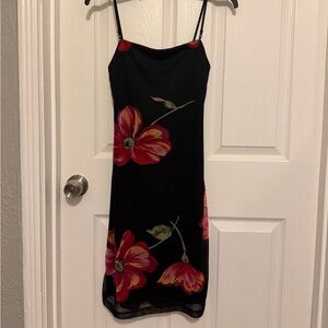 Vintage Jodi Kristopher Floral Spaghetti Strap Black Dress